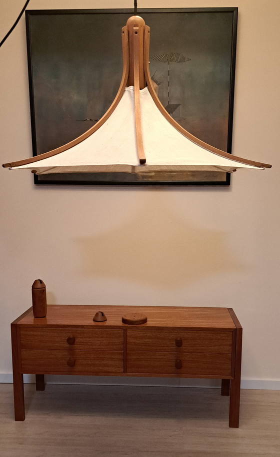 Image 1 of Vintage Domus Pendant Lamp – Teak Wood & Fabric – Mid Century Scandinavian Design