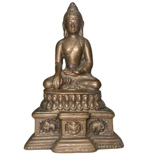 Antique Solid Bronze Pala-style Travel Altar Shakyamuni Buddha with Elephants and Makara – circa 14th-16th Century