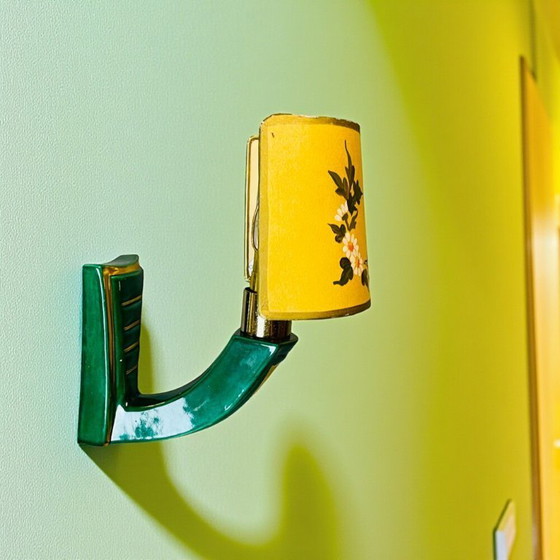 Image 1 of PAIR French Art Deco green ceramic wall sconces with hand-painted half shades, 1940s,