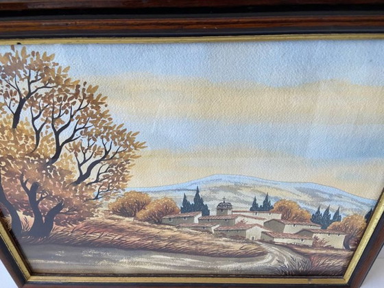 Image 1 of Watercolor Village of Provence Art France Painting Framed Signed Cardi ?? Artwork