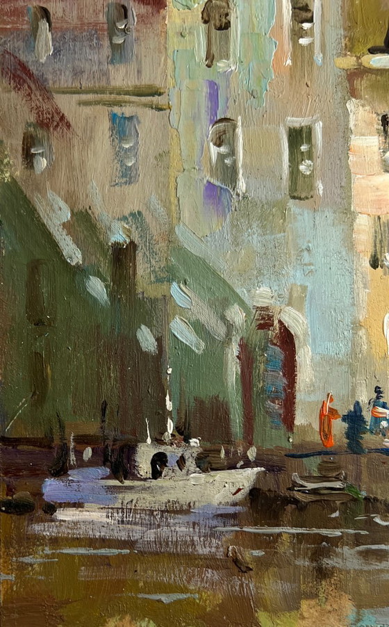 Image 1 of Original Oil Painting Gray City Landscape Shadows of a City Street