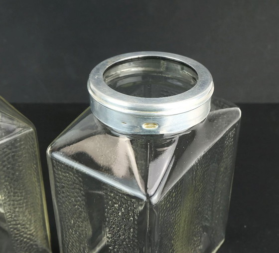 Image 1 of 2 grandes tarros de almacenamiento Poncet de la década de 1930 de vidrio prensado de aluminio de la era Bauhaus