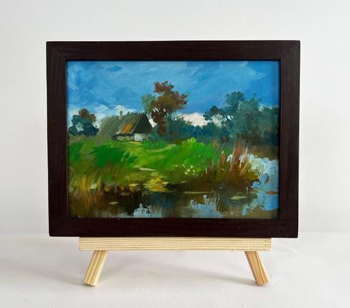 Original Oil Painting Summer House Landscape A lonely house by the river