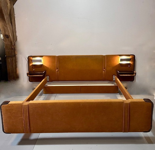 Vintage 1970s bed in rosewood, chrome-plated metal and velvet-like fabric