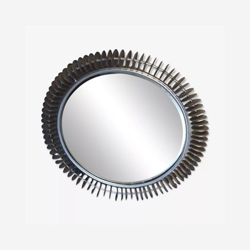 Grand Miroir Vintage, Brutaliste, Type Soleil, Rond, Fait Main - Art Populaire