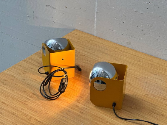 Image 1 of Set di 2 lampade a globo in stile Space Age, color ocra e cromo, anni '70.