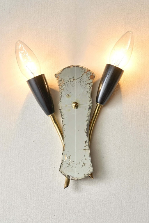 Brass and Mirrored Glass Wall Lamp, 1950s