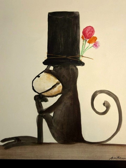 Lithograph by André François "The Monkey with the Hat"