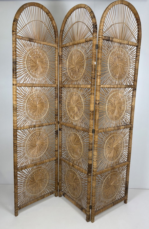 Vintage Sunburst rattan bamboo large folding screen room divider
