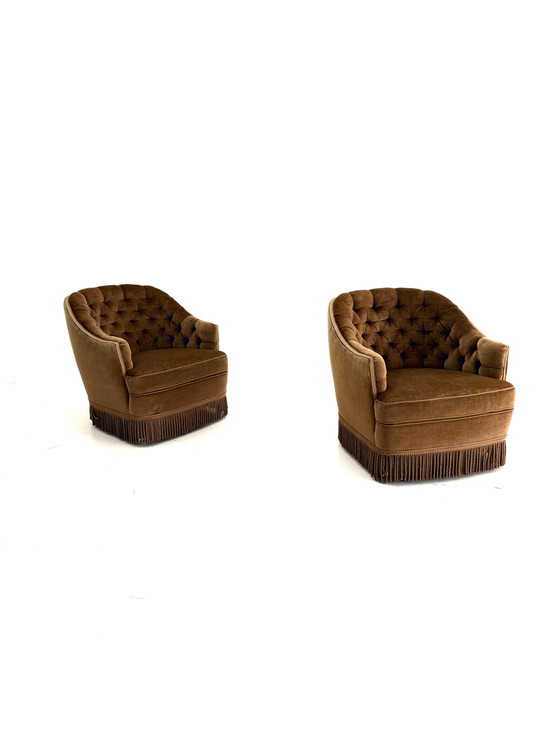 Set Van 2 Vintage Velours Fauteuil, Frankrijk ‘60 – Wood, Textile (photo 8 of 10)