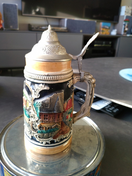 Image 1 of 3 vecchi barattoli di birra originali, due con coperchio originale, l'ultimo è Rüde daheim/RHSpossed Gasse.