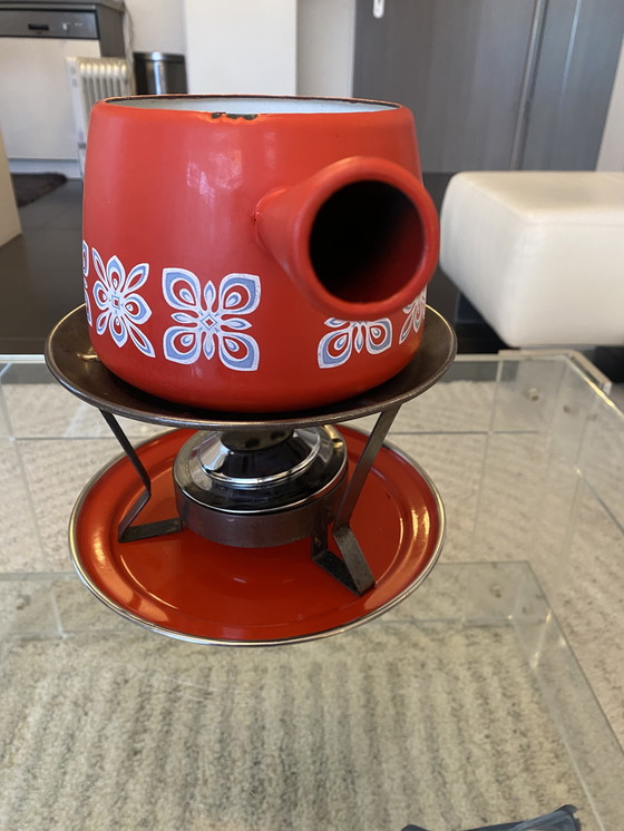 Image 1 of Vintage geëmailleerd metalen fonduestel uit de jaren 70