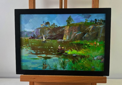 Original Oil Painting Summer River Landscape River flows through rocky cliffs