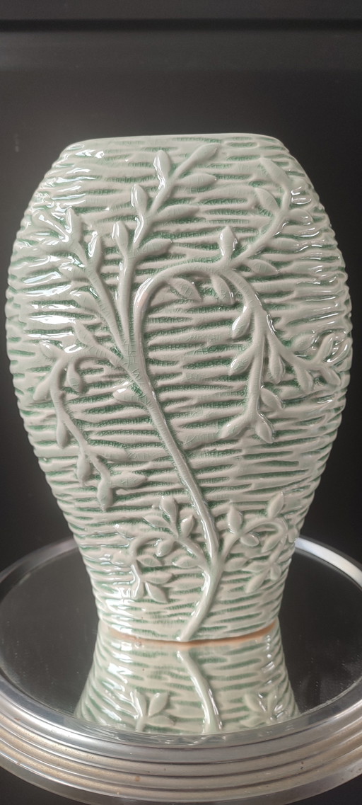 Crackle-glazed ceramic vase from the 1980s-90s with a plant motif
