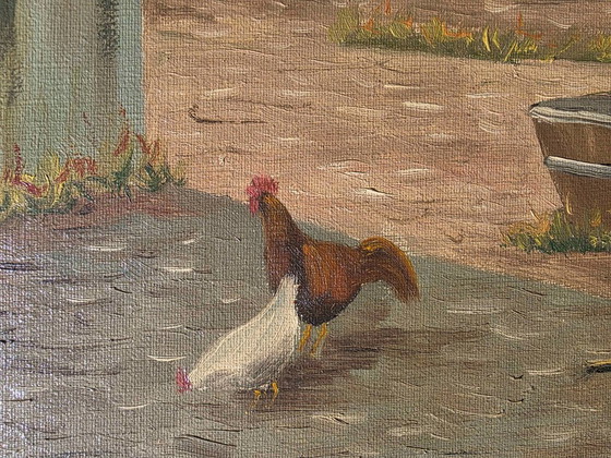 Large Vintage Oil Painting - Sunlit Farmyard with Chickens – Paintings & Drawings, Canvas (photo 6 of 12)