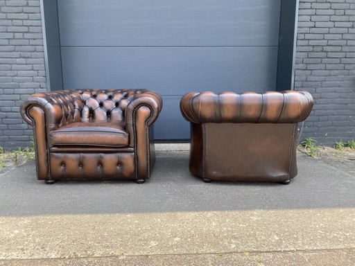 Two Chesterfield club armchairs, brown flamed – fauteuils, Leather, Wood (photo 2 of 6)