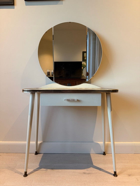 Vintage Dressing Table / Make-Up Table with Round Tri-Fold Mirror, Wood, Beige (photo 3 of 5)