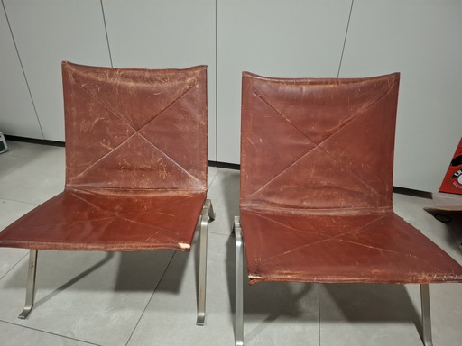 Set of 2 Vintage PK22 Armchairs - PK22 – Fritz Hansen, stoelen fauteuils, Leather, Metal