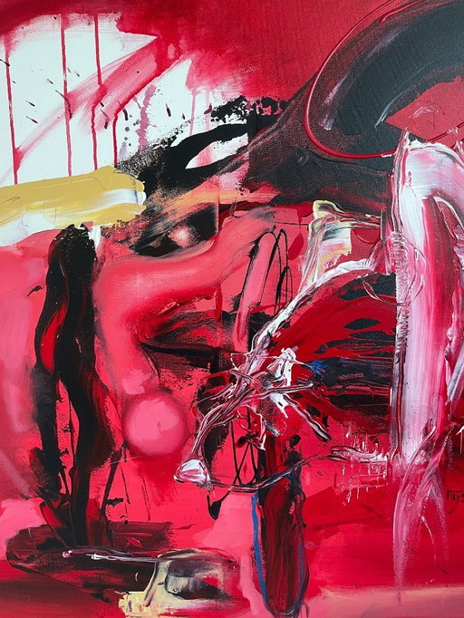 Abstract painting on canvas, in black wooden frame