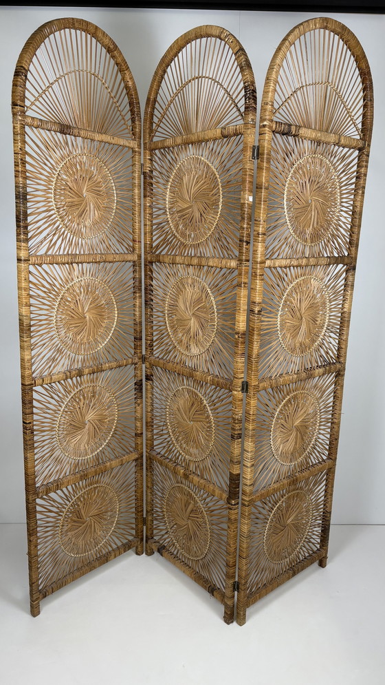 Image 1 of Vintage Sunburst rattan bamboo large folding screen room divider