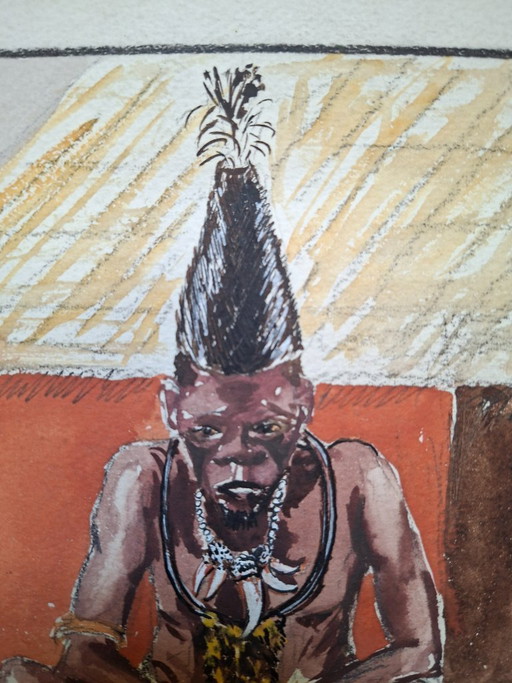  Original Mangbetu Figure Watercolor– Attributed to Marie Louise Stradiot-Bougnet