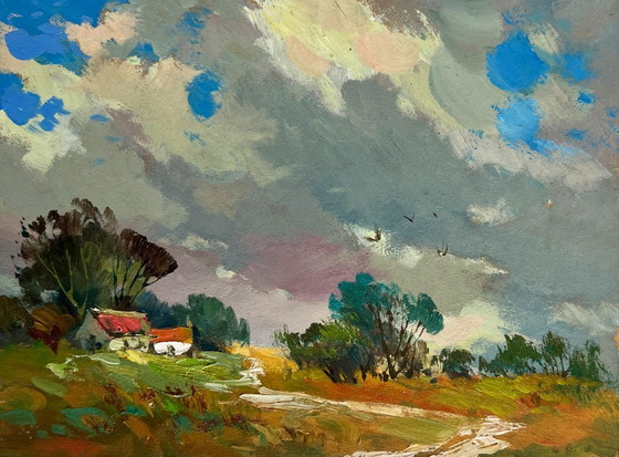 Image 1 of Original Oil Painting Summer Village Landscape The sky over the village was overcast