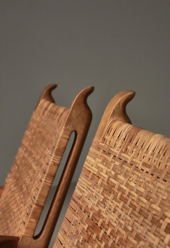 Image 1 of Zeldzaam Paar 1950 Deense Lounge Stoelen, Eiken & Rotan Rieten Weefsel, Mid Century Modern Inzamelbaar Zitmeubilair