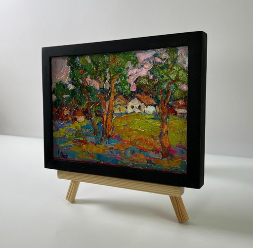 Originales Ölgemälde: Ländliche Abendlandschaft am Dorfrand – schilderijen tekeningen, Canvas (photo 2 of 8)