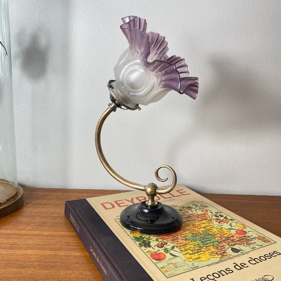 Applique da parete antica in ottone a collo d'oca con paralume a tulipano in vetro viola. – Glass (photo 3 of 9)
