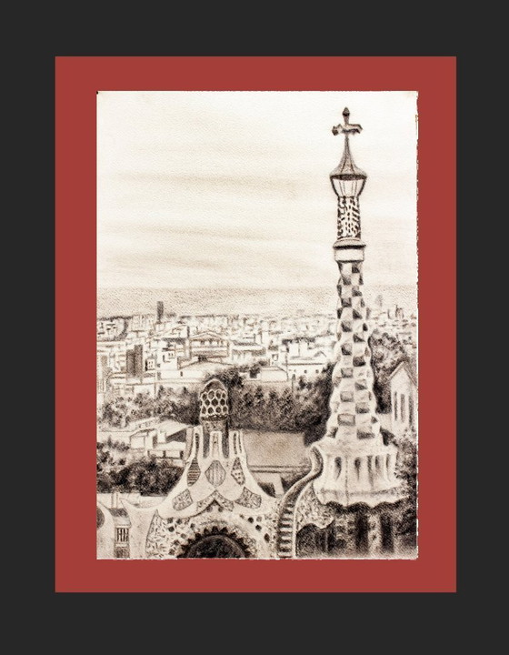 Image 1 of Drawing of Barcelona as seen from Park Güell. Park Güell drawing. Charcoal drawing of Barcelona. Painting of Barcelona. New.