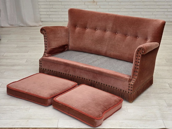 Image 1 of 1970s, Danish 2-seater sofa, original salmon pink furniture velour, beech wood.