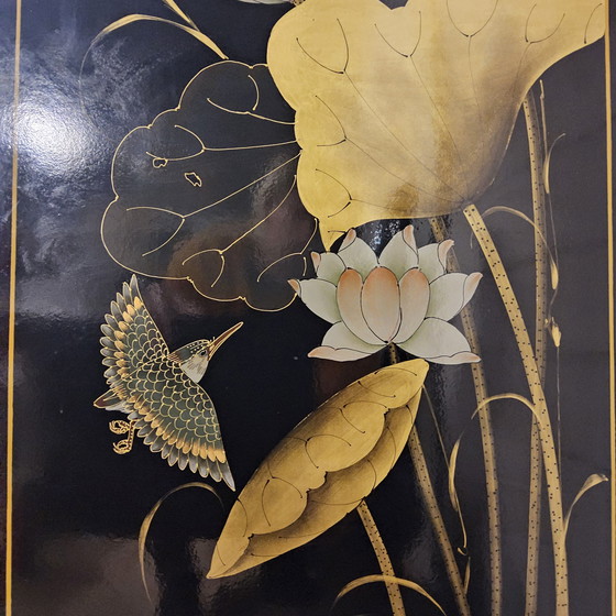 Image 1 of Vintage Chinese black lacquer cabinet birds and flowers bohemian / bohemian / oriental cabinet
