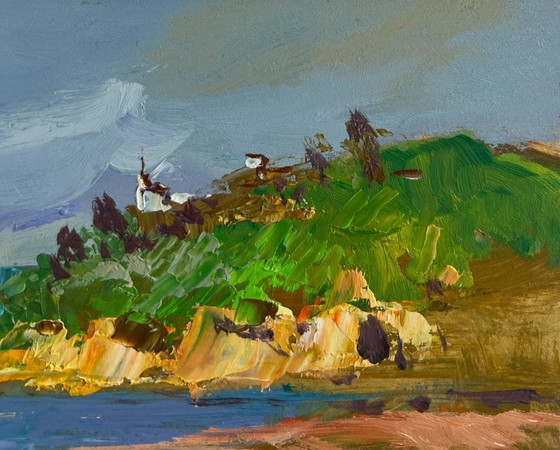 Image 1 of Original Oil Painting Sea Coastal Landscape Silence at the foot of the mountains
