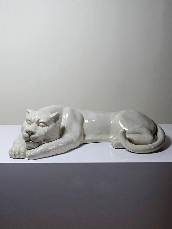 Large elongated panther in crackled earthenware, vintage 1960s-1980s. – Decorative Objects, Porcelain (photo 4 of 16)