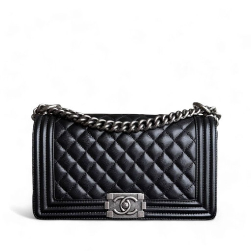 Chanel Boy Medium - Caivar 25CM Quilted Black Ruthenium Silver Hardware
