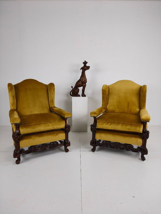 Pair of 19th-Century Carved Walnut Armchairs – Floral Motifs – Velvet Upholstery – Other (photo 5 of 8)