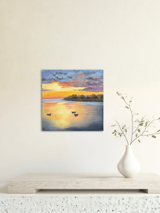 Image 1 of Impressionistisch landschap schilderij – zonsondergang met boten | What Will Tomorrow Bring
