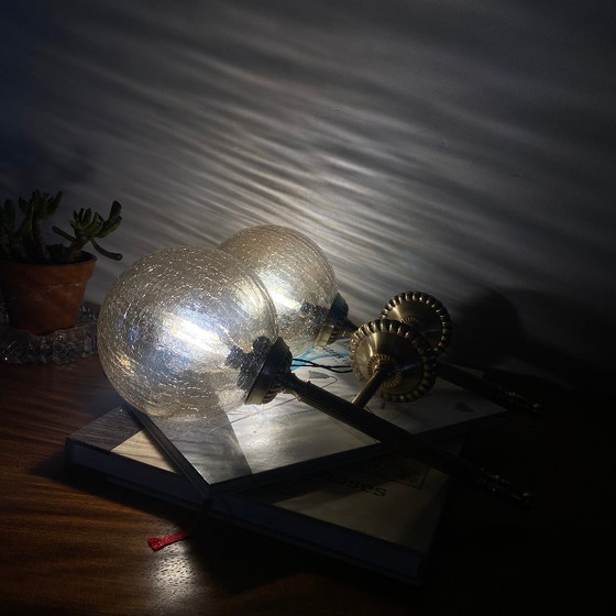 Pair of antique brass torch-style wall sconces with vintage gold crackled glass globes – Wall lights (photo 8 of 9)
