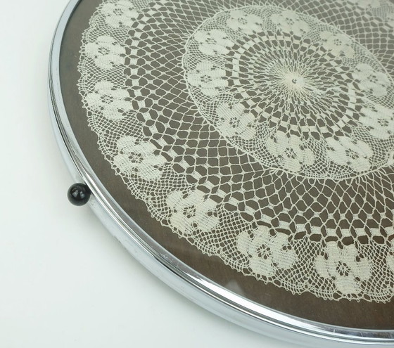 Image 1 of large rotating TRAY with fine crochet doily under glass wood and chrome 1930s
