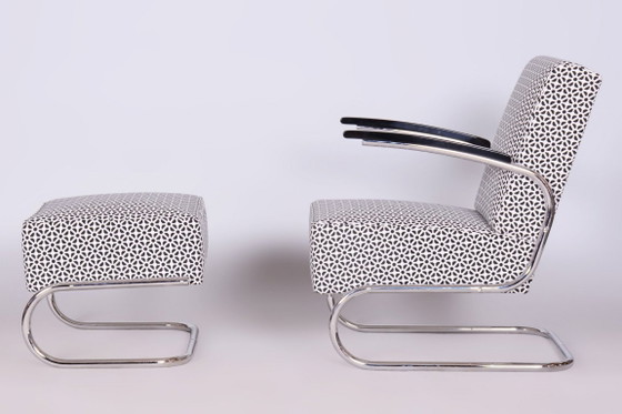 Restored Bauhaus Armchair With Foot Stool, By Mücke-Melder, Steel, Czech, 1930s – Metal, Textile (photo 6 of 8)
