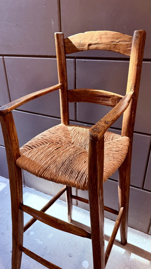 Chaise haute française ancienne avec assise en osier – eetkamerstoelen, Wicker, Wood