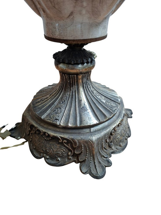 Image 1 of Vintage Hand-Painted Ceramic and Bordeaux Velvet Table Lamp