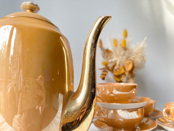 Image 1 of Service à Thé Vintage en Lustre Czecho-Slovaquia Victoria China Pêche Irisé 1950