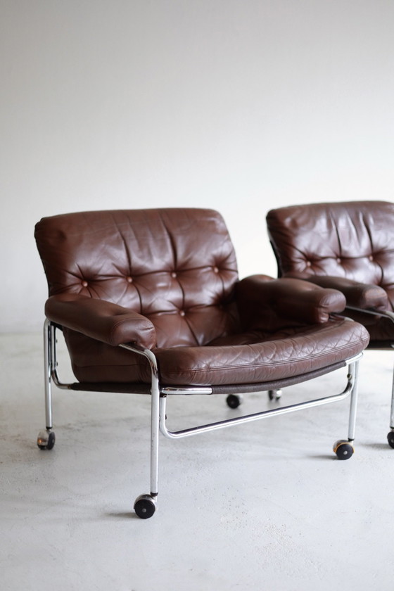 Set of 2 vintage Armchairs model ‘Eva’ Lindl&ouml;fs M&ouml;bler 1960s, Lindlöfs Möbler, Chrome, Leather (photo 2 of 9)