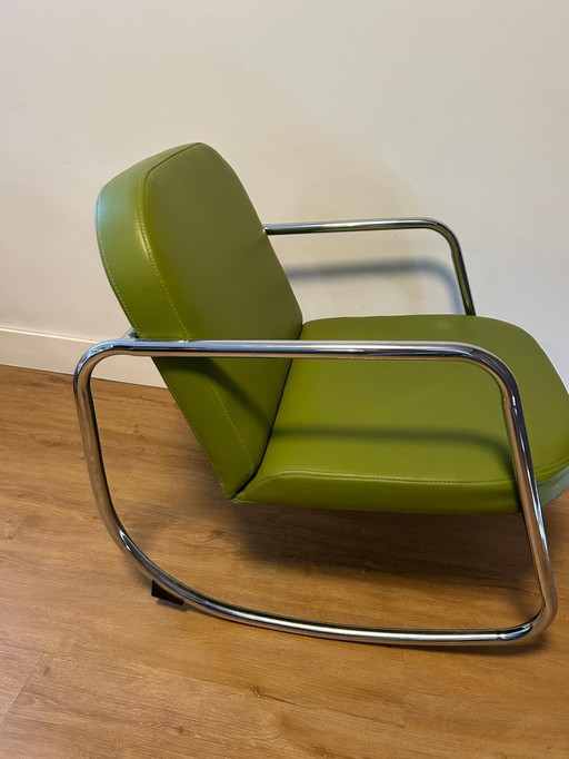 Vintage green leather tubular frame rocking chair 2x