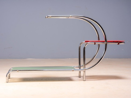 Bauhaus Tubular Steel Flower Stand by Emile Guyot for Thonet, Colored Glass Shelves, 1950s, Czechoslovakia, (photo 4 of 10)
