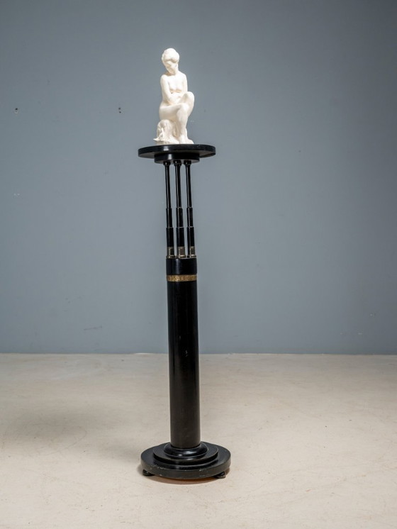 Image 1 of Black Lacquered Pedestal with Brass Details, 20th Century