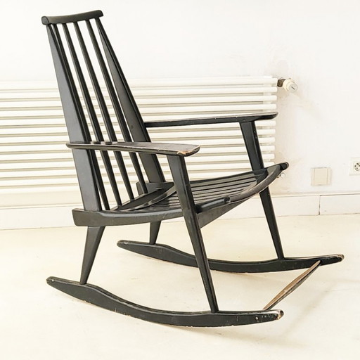 SUPERBE ROCKING-CHAIR FAUTEUIL 1960 VINTAGE EN BOIS LAQUE NOIR 60S 1960S