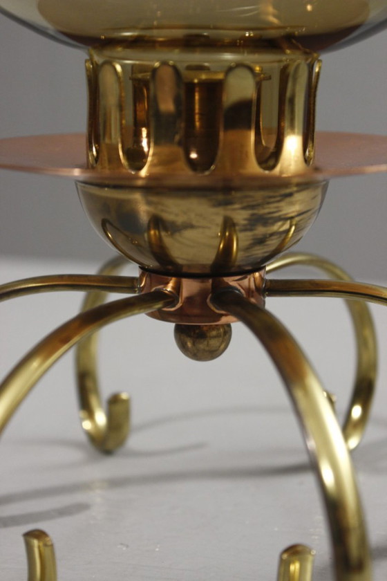 Image 1 of Modernist design candlestick from the 1950s in copper, brass & smoked glass