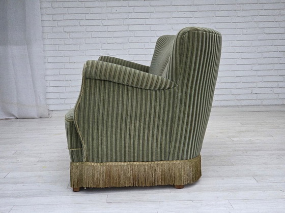 Image 1 of 1960s, Danish 3-seater sofa, original green furniture velour, oak wood.